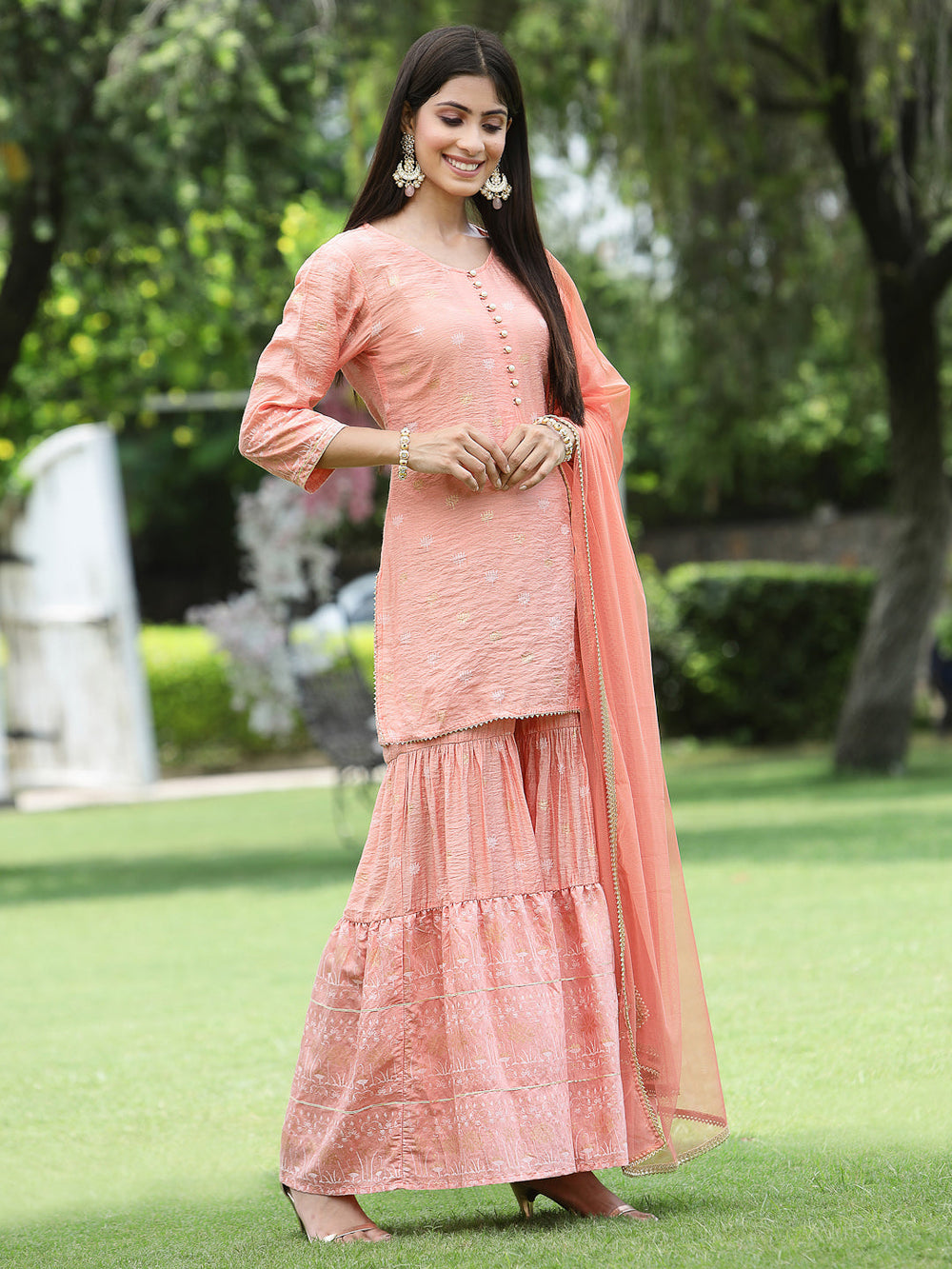 Juniper Peach Mono Viscose Festive Embroidered Printed Straight Kurta Sharara Dupatta Set | Grocsy