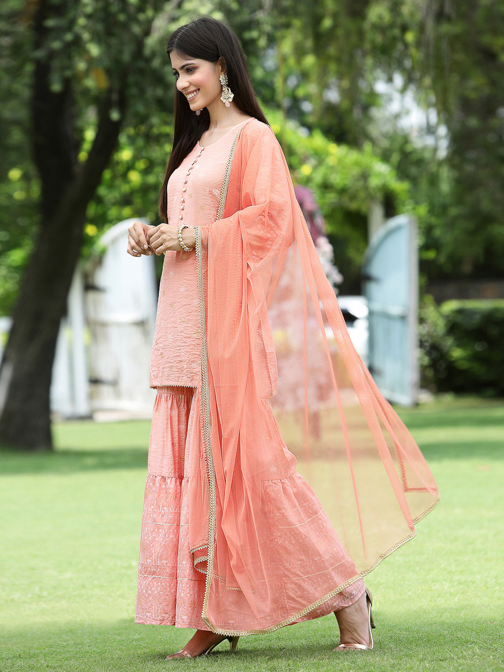 Juniper Peach Mono Viscose Festive Embroidered Printed Straight Kurta Sharara Dupatta Set | Grocsy