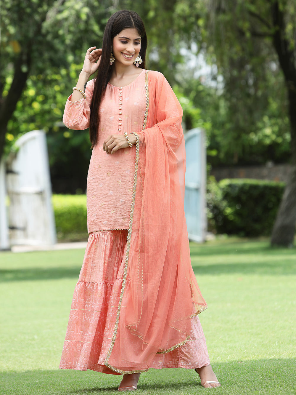 Juniper Peach Mono Viscose Festive Embroidered Printed Straight Kurta Sharara Dupatta Set | Grocsy