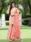 Juniper Peach Mono Viscose Festive Embroidered Printed Straight Kurta Sharara Dupatta Set | Grocsy