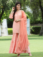 Juniper Peach Mono Viscose Festive Embroidered Printed Straight Kurta Sharara Dupatta Set | Grocsy