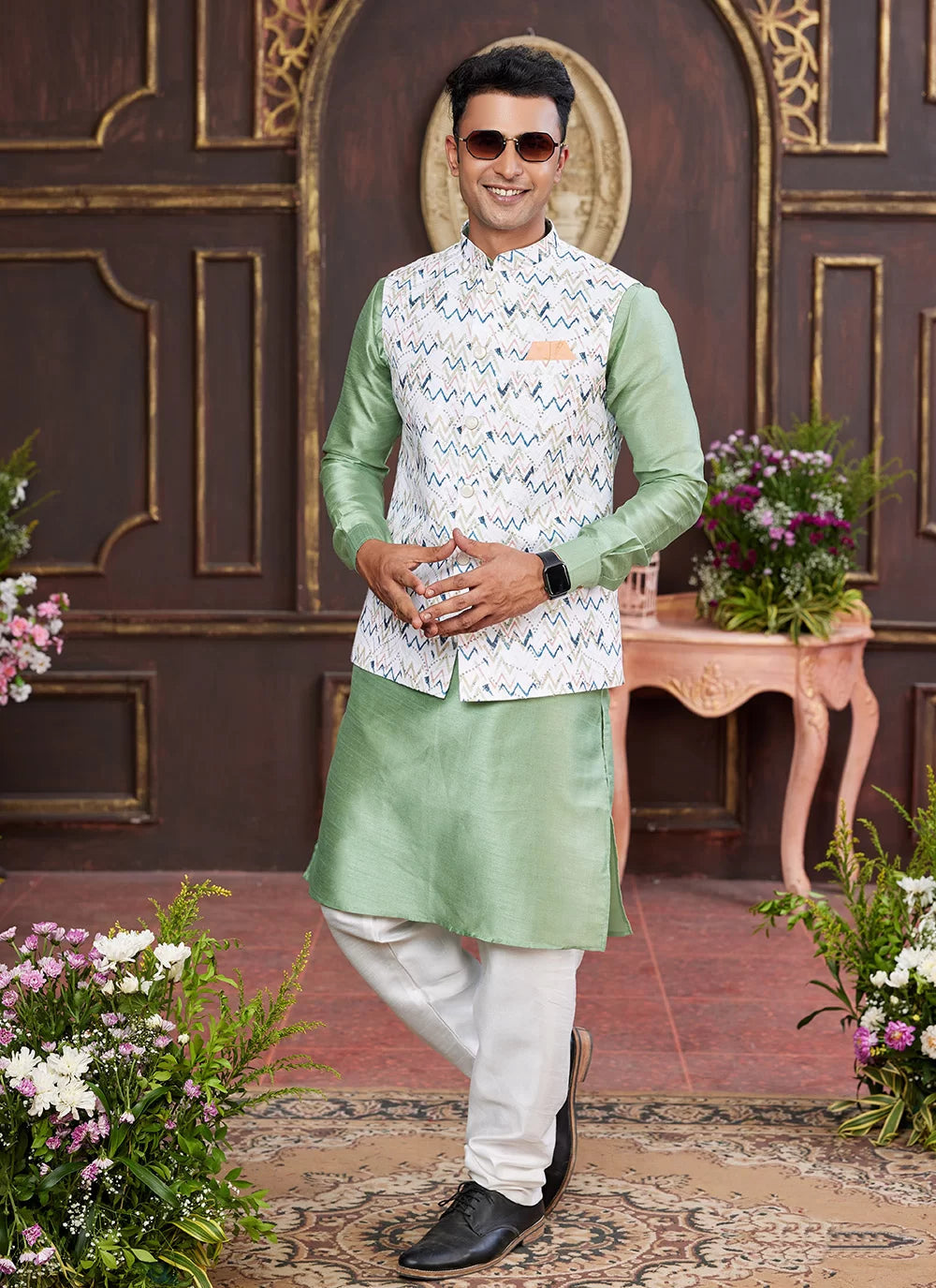Raivat Ethnic Art Silk Digital Print Work Jacket Set In Multicolour | Grocsy