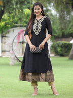 Juniper Women Black Chanderi Festive Embroidered + Printed Straight/Flared Kurta | Grocsy