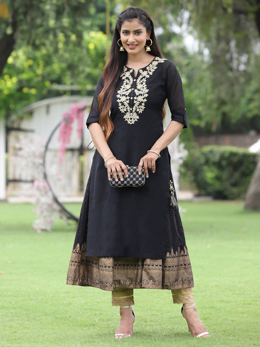 Juniper Women Black Chanderi Festive Embroidered + Printed Straight/Flared Kurta | Grocsy