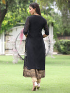 Juniper Women Black Chanderi Festive Embroidered + Printed Straight/Flared Kurta | Grocsy