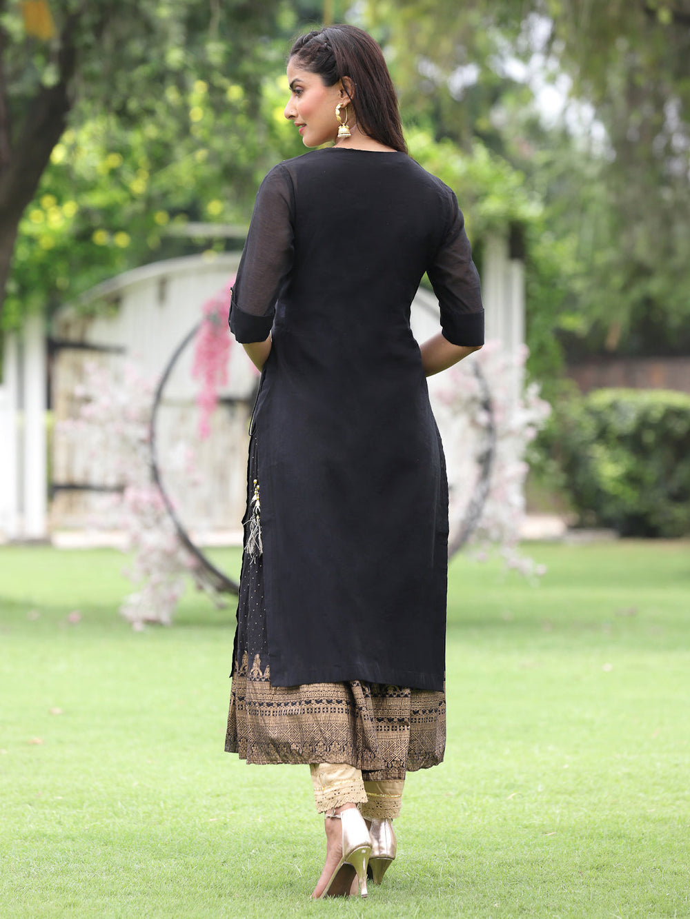 Juniper Women Black Chanderi Festive Embroidered + Printed Straight/Flared Kurta | Grocsy