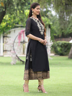 Juniper Women Black Chanderi Festive Embroidered + Printed Straight/Flared Kurta | Grocsy