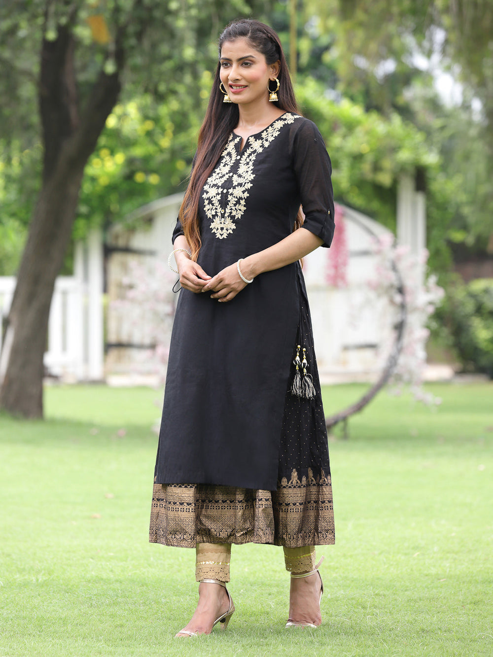 Juniper Women Black Chanderi Festive Embroidered + Printed Straight/Flared Kurta | Grocsy
