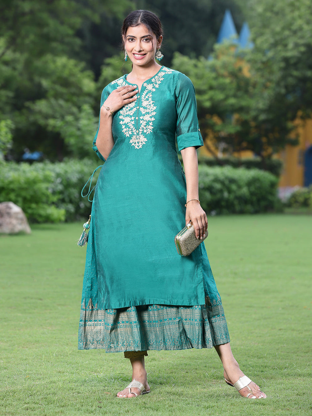 Juniper Women Bottle Green Chanderi Festive Embroidered + Printed Straight/Flared Kurta | Grocsy