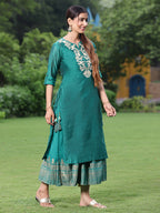 Juniper Women Bottle Green Chanderi Festive Embroidered + Printed Straight/Flared Kurta | Grocsy