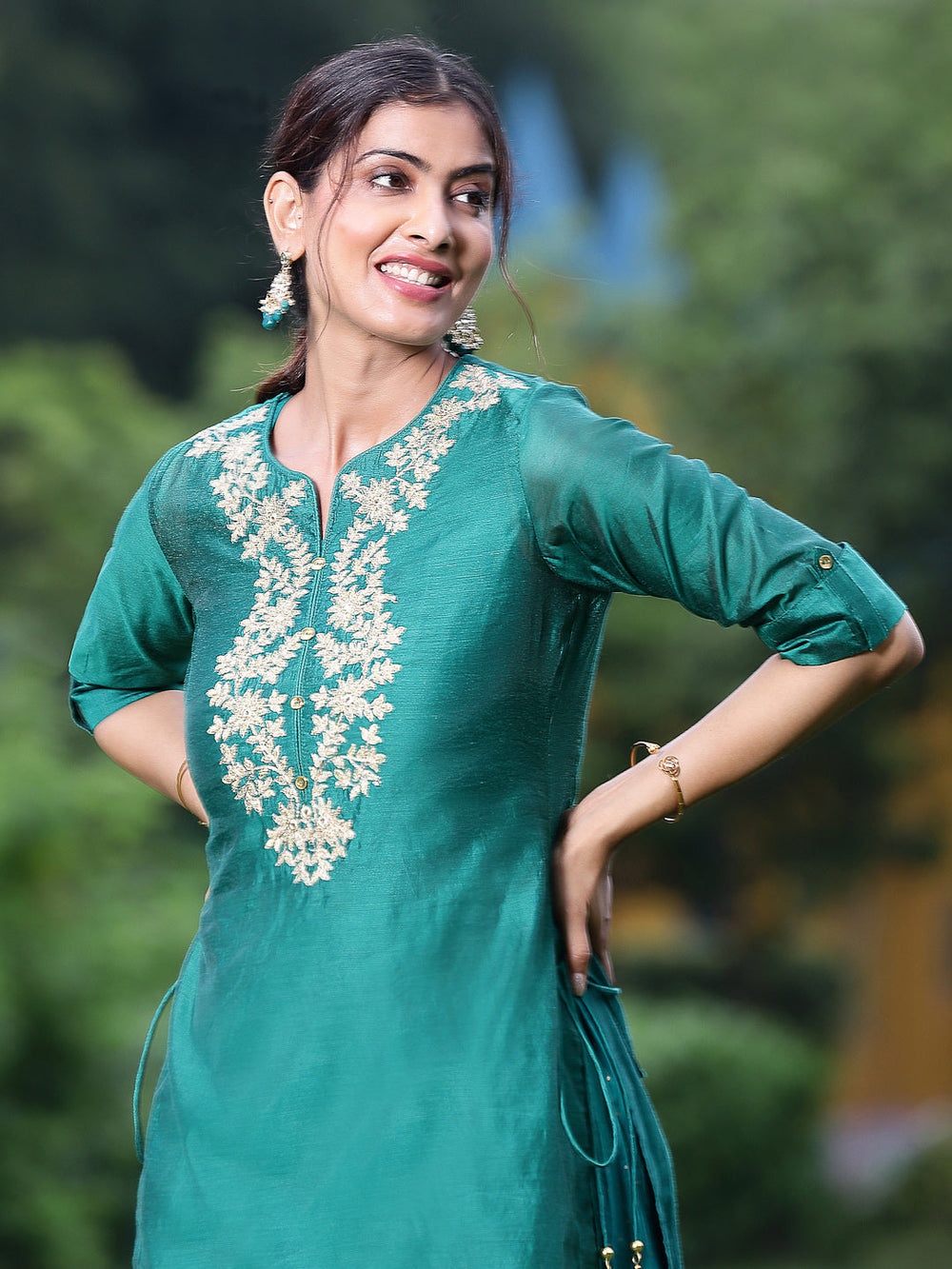 Juniper Women Bottle Green Chanderi Festive Embroidered + Printed Straight/Flared Kurta | Grocsy