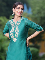 Juniper Women Bottle Green Chanderi Festive Embroidered + Printed Straight/Flared Kurta | Grocsy