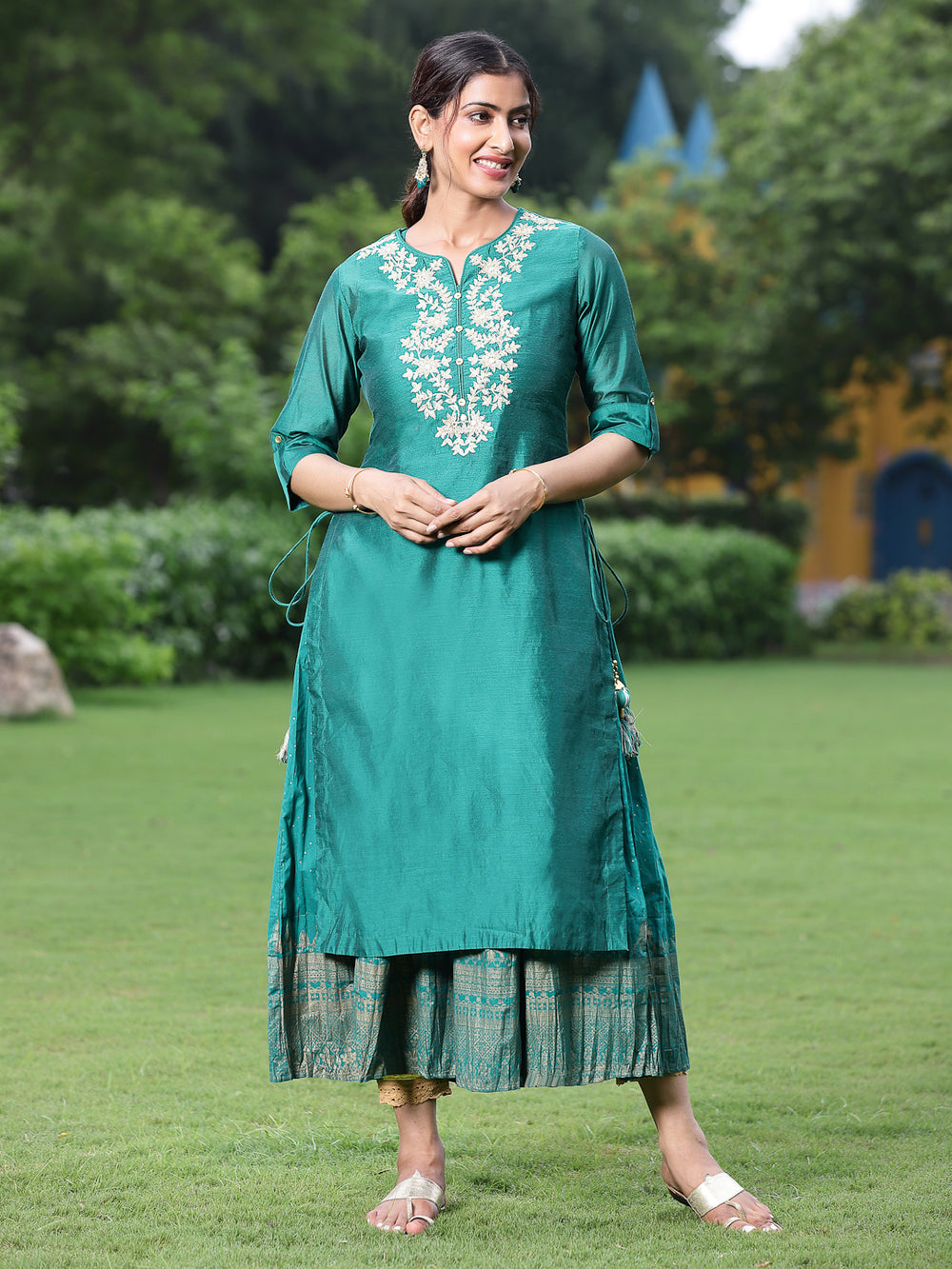 Juniper Women Bottle Green Chanderi Festive Embroidered + Printed Straight/Flared Kurta | Grocsy