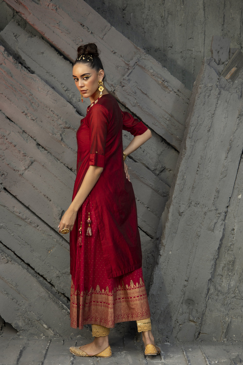 Juniper Women Maroon Chanderi Festive Embroidered + Printed Straight/Flared Kurta | Grocsy