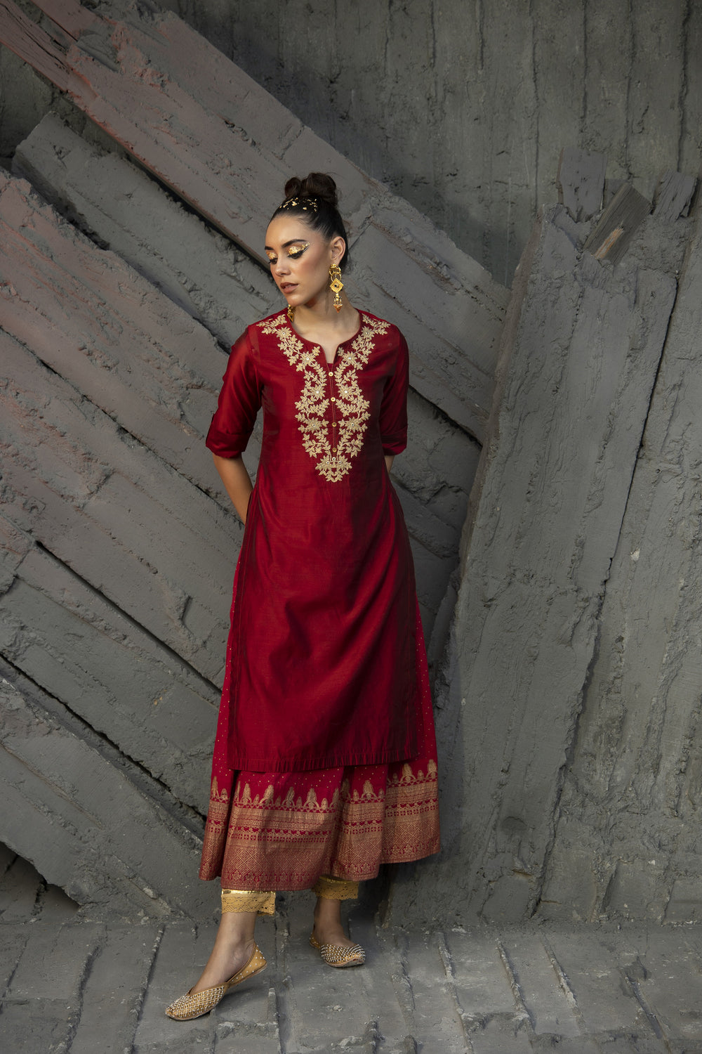 Juniper Women Maroon Chanderi Festive Embroidered + Printed Straight/Flared Kurta | Grocsy