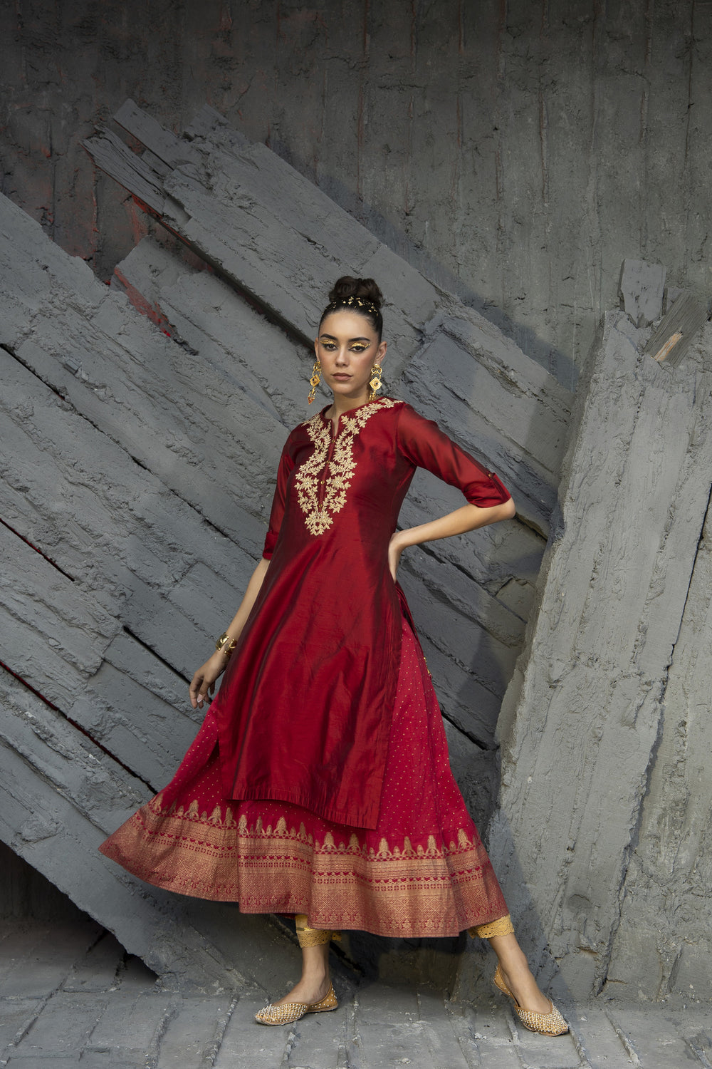 Juniper Women Maroon Chanderi Festive Embroidered + Printed Straight/Flared Kurta | Grocsy
