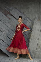 Juniper Women Maroon Chanderi Festive Embroidered + Printed Straight/Flared Kurta | Grocsy