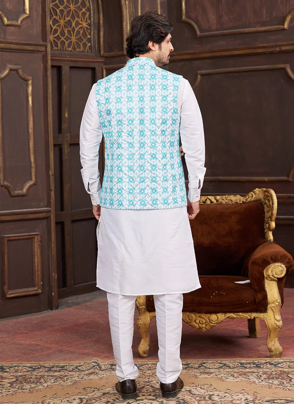 Raivat Ethnic Art Silk Digital Print Work Jacket Set In Sky Blue Colour | Grocsy