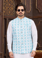 Raivat Ethnic Art Silk Digital Print Work Jacket Set In Sky Blue Colour | Grocsy