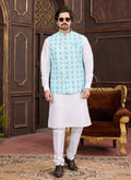 Raivat Ethnic Art Silk Digital Print Work Jacket Set In Sky Blue Colour | Grocsy