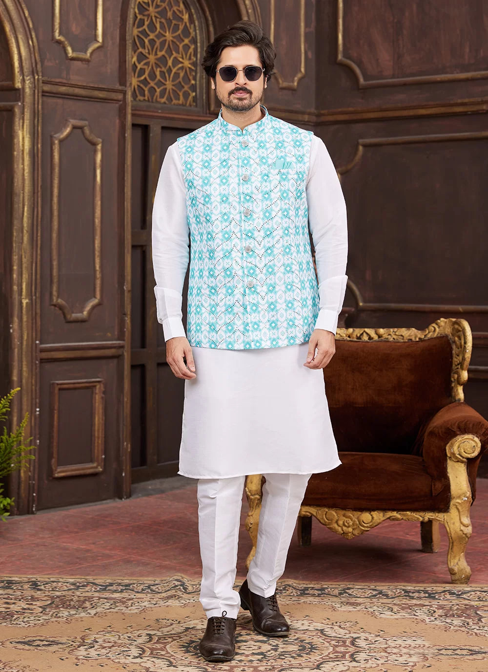Raivat Ethnic Art Silk Digital Print Work Jacket Set In Sky Blue Colour | Grocsy