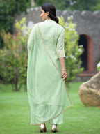 Juniper Mint Green Chanderi Festive Embroidered Polka Dot Printed A-line Kurta Set | Grocsy