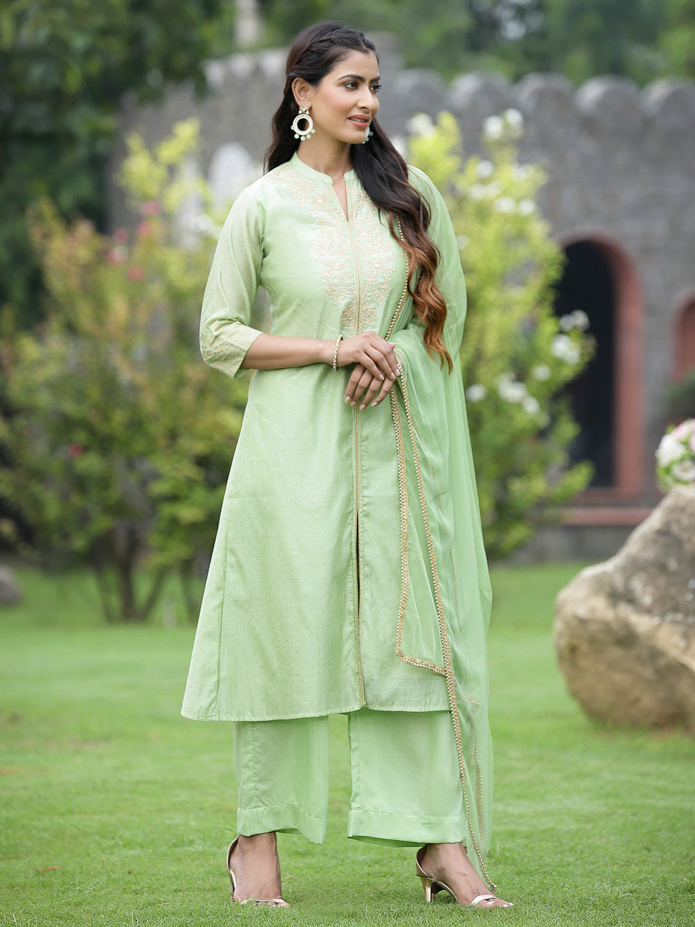 Juniper Mint Green Chanderi Festive Embroidered Polka Dot Printed A-line Kurta Set | Grocsy