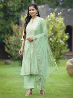Juniper Mint Green Chanderi Festive Embroidered Polka Dot Printed A-line Kurta Set | Grocsy