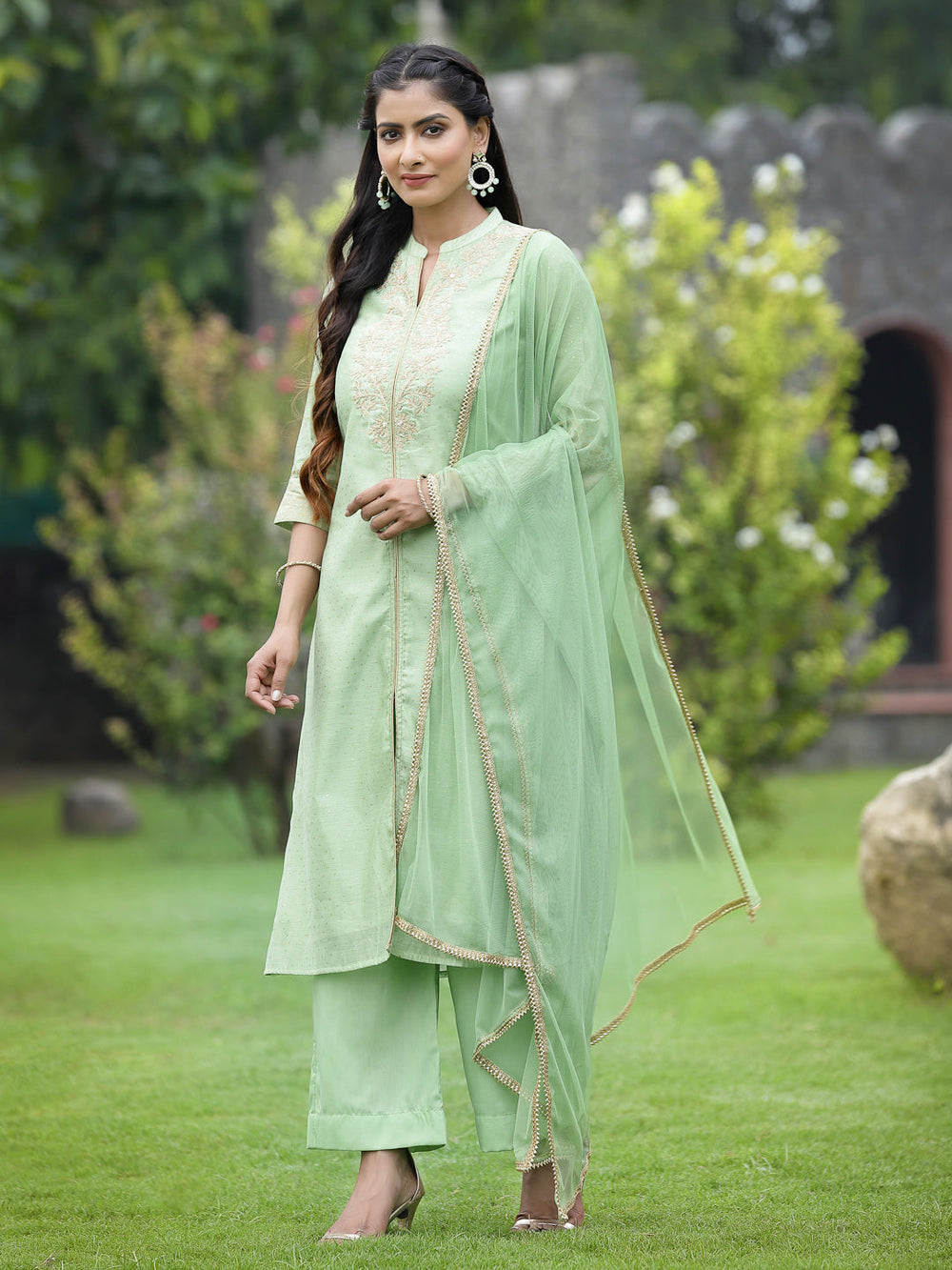 Juniper Mint Green Chanderi Festive Embroidered Polka Dot Printed A-line Kurta Set | Grocsy