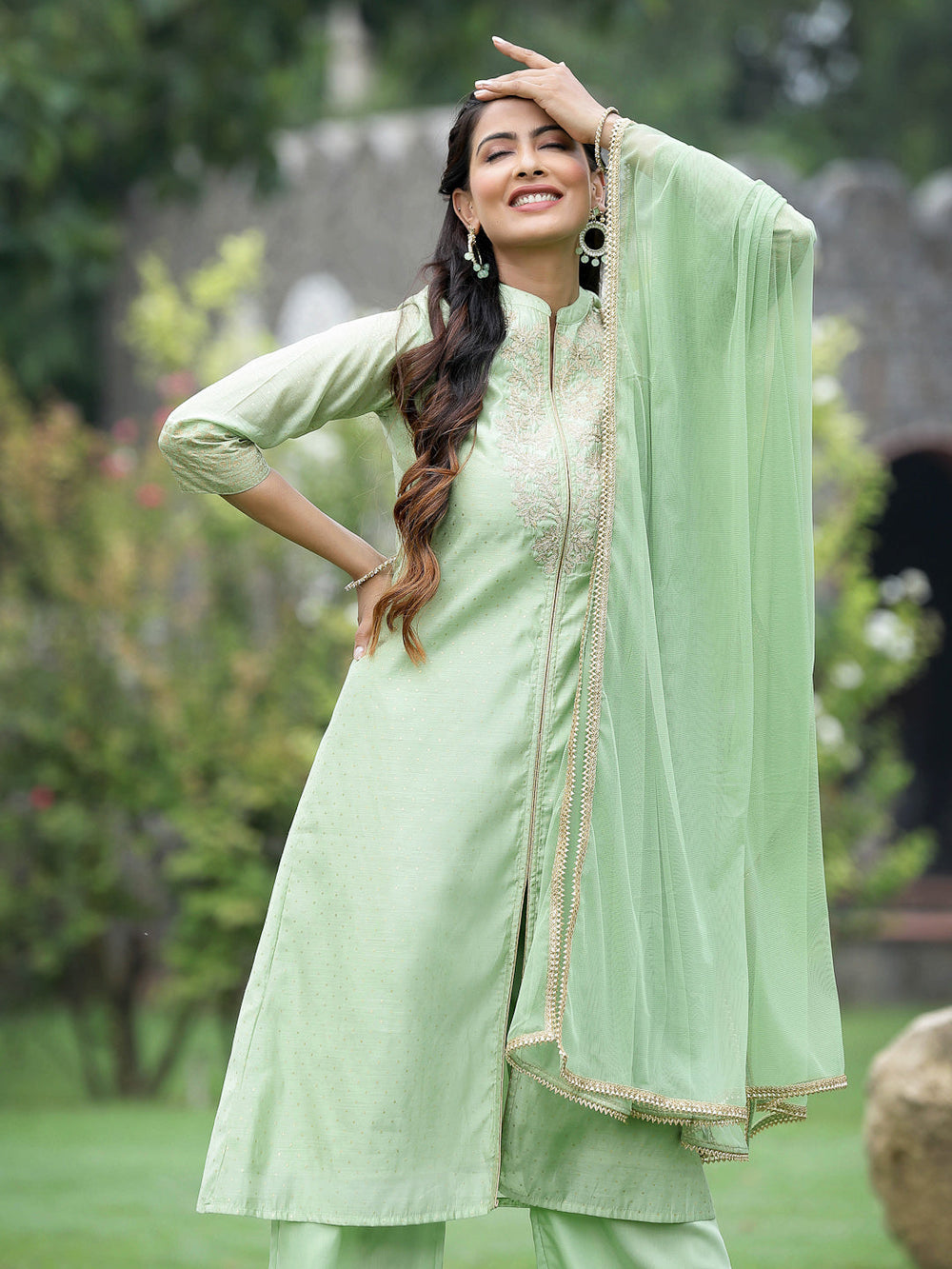 Juniper Mint Green Chanderi Festive Embroidered Polka Dot Printed A-line Kurta Set | Grocsy