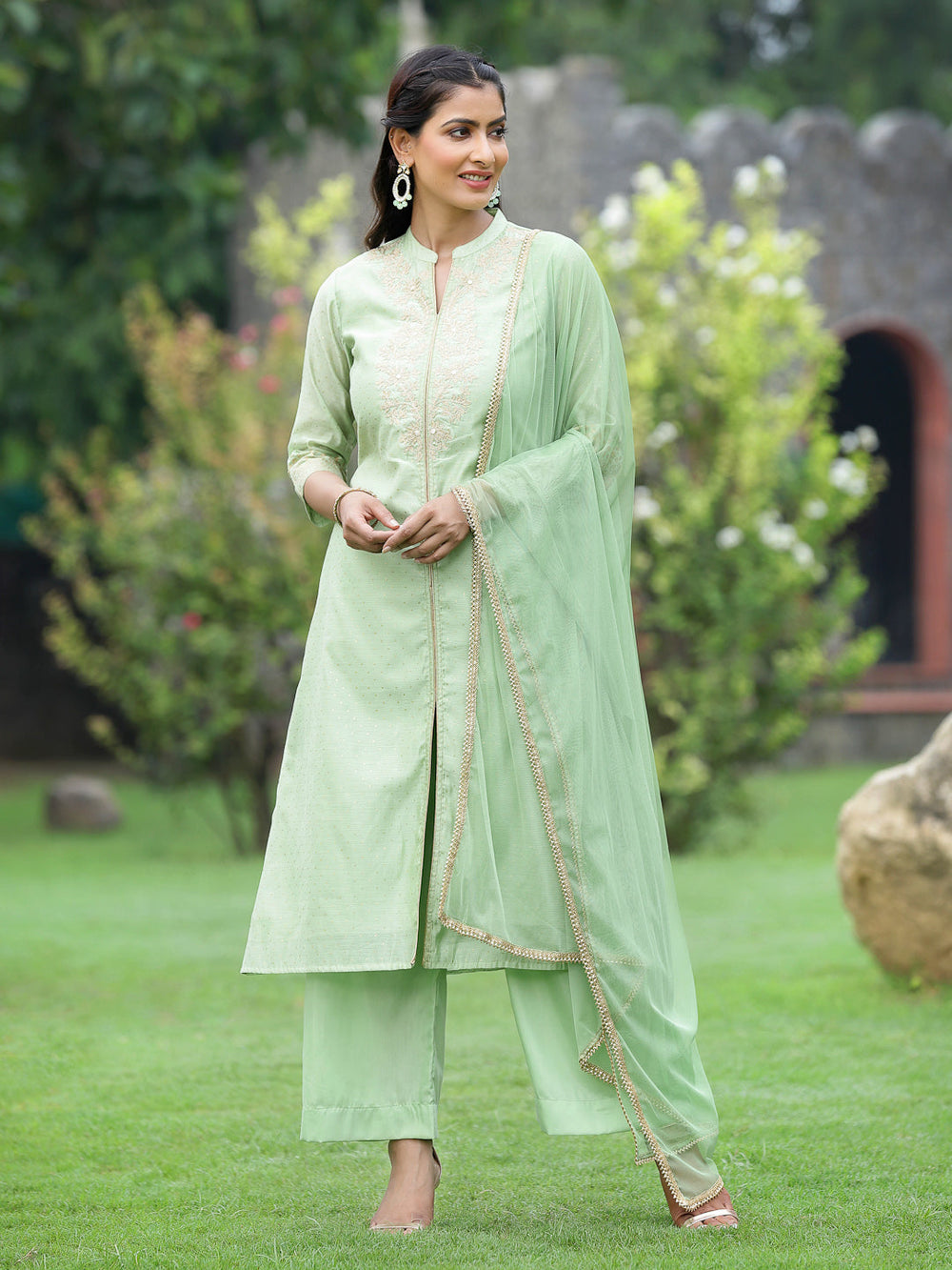 Juniper Mint Green Chanderi Festive Embroidered Polka Dot Printed A-line Kurta Set | Grocsy