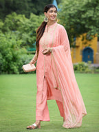 Juniper Peach Chanderi Festive Embroidered Polka Dot Printed A-line Kurta Set | Grocsy