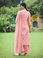 Juniper Peach Chanderi Festive Embroidered Polka Dot Printed A-line Kurta Set | Grocsy