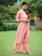 Juniper Peach Chanderi Festive Embroidered Polka Dot Printed A-line Kurta Set | Grocsy