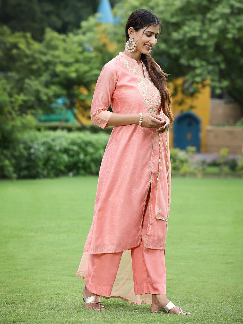 Juniper Peach Chanderi Festive Embroidered Polka Dot Printed A-line Kurta Set | Grocsy