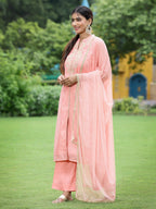 Juniper Peach Chanderi Festive Embroidered Polka Dot Printed A-line Kurta Set | Grocsy