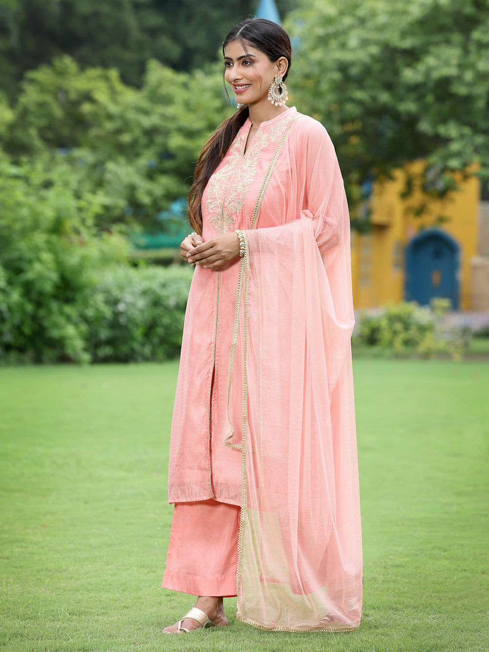 Juniper Peach Chanderi Festive Embroidered Polka Dot Printed A-line Kurta Set | Grocsy