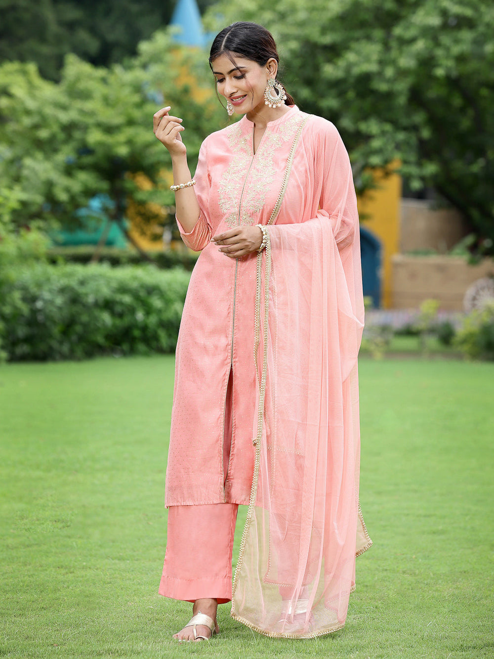 Juniper Peach Chanderi Festive Embroidered Polka Dot Printed A-line Kurta Set | Grocsy