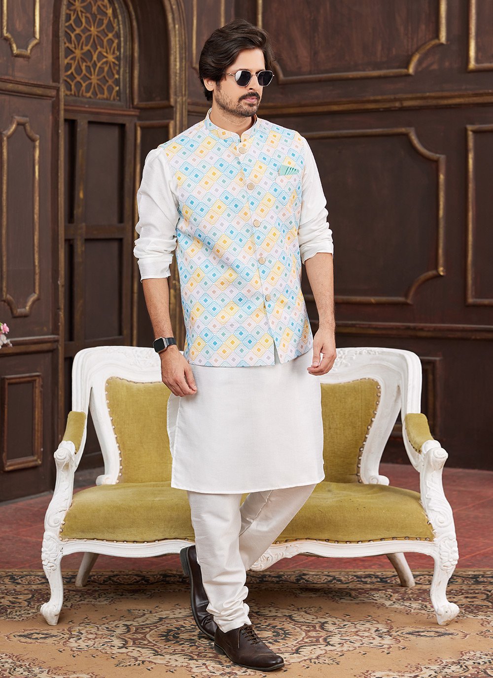 Raivat Ethnic Art Silk Digital Print Work Jacket Set In Multicolour | Grocsy