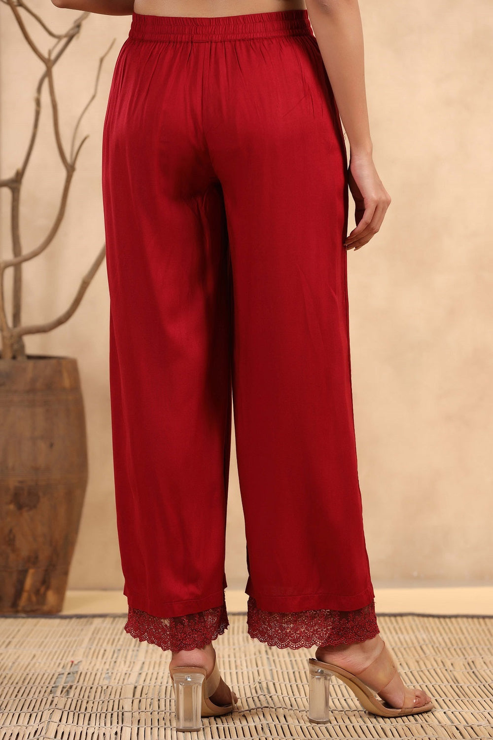 Juniper Women's Maroon Rayon Straight Solid Palazzo | Grocsy