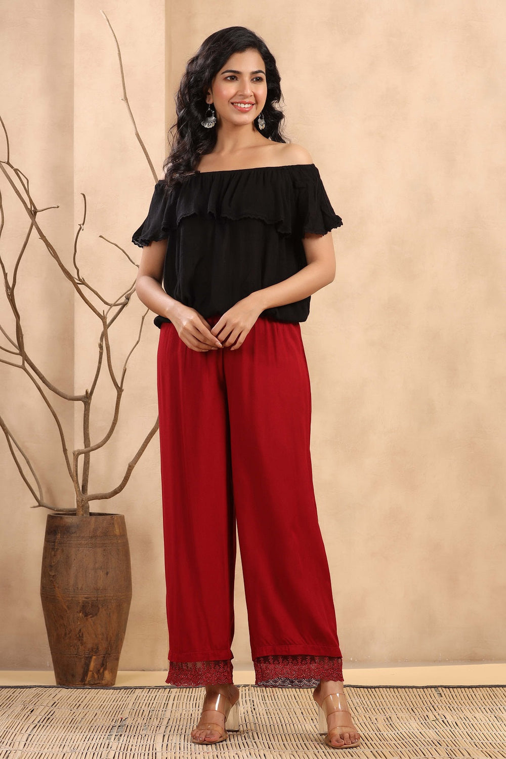 Juniper Women's Maroon Rayon Straight Solid Palazzo | Grocsy