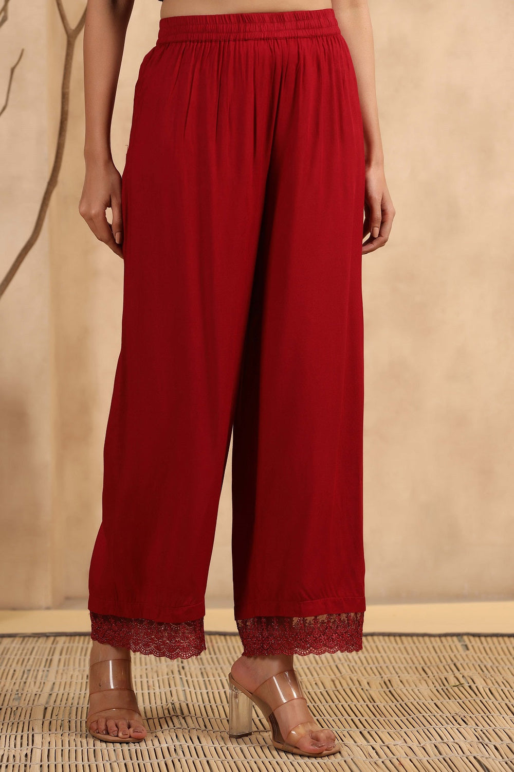 Juniper Women's Maroon Rayon Straight Solid Palazzo | Grocsy