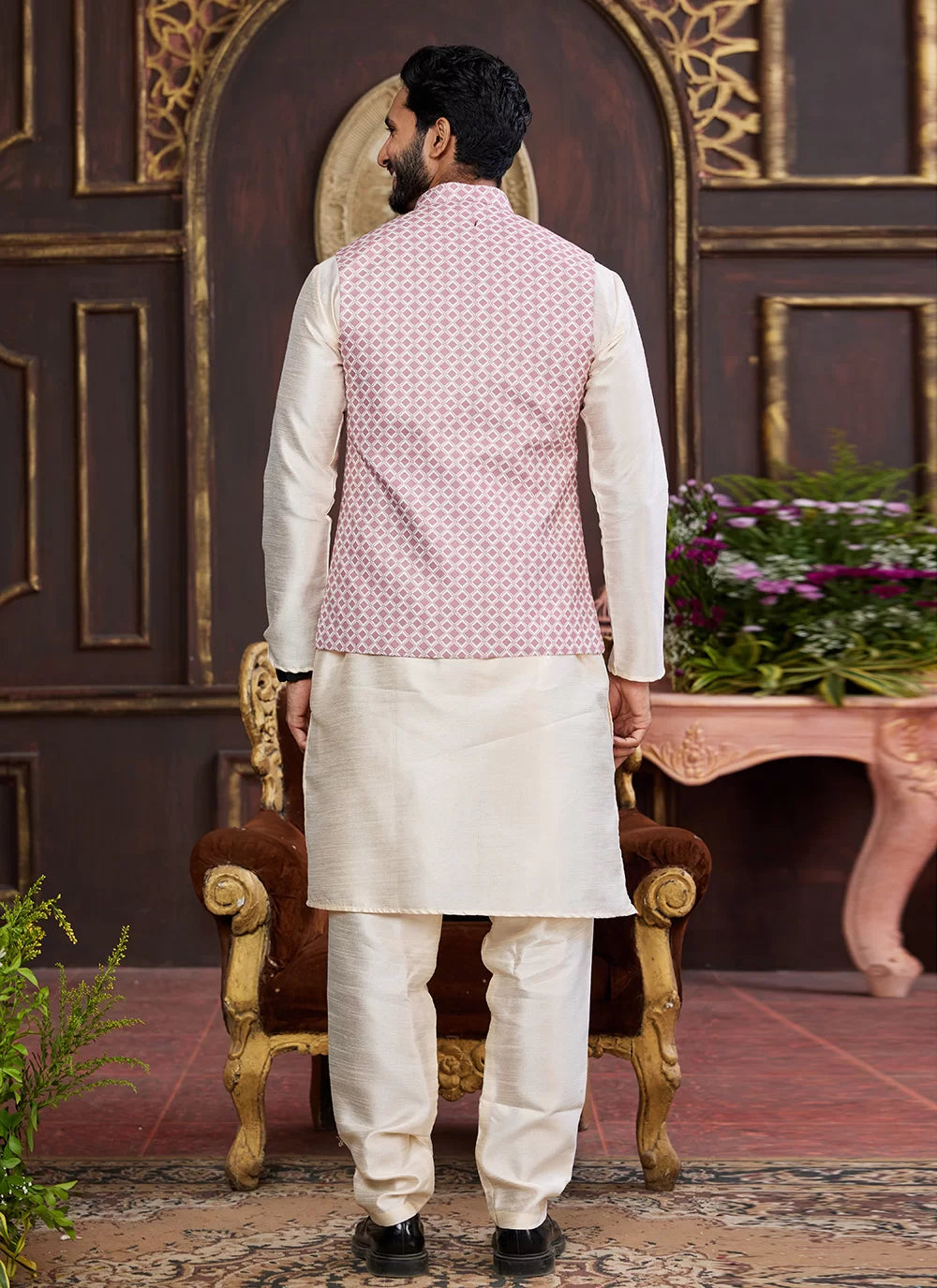 Raivat Ethnic Art Silk Digital Print Work Jacket Set In Pink and Beige Colour | Grocsy