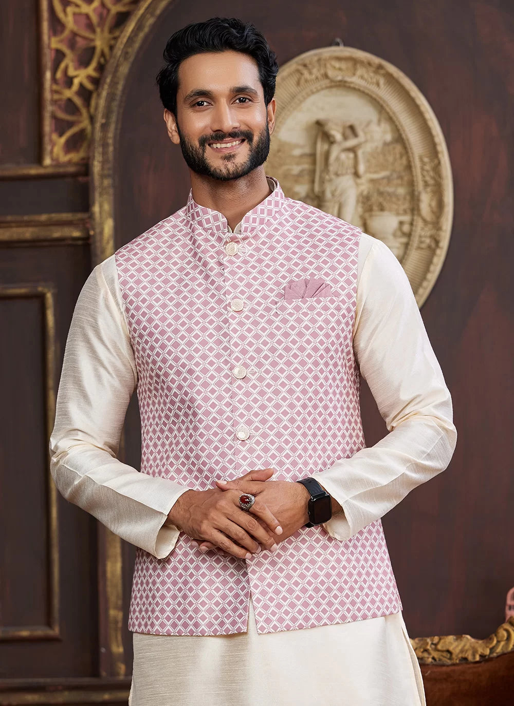 Raivat Ethnic Art Silk Digital Print Work Jacket Set In Pink and Beige Colour | Grocsy