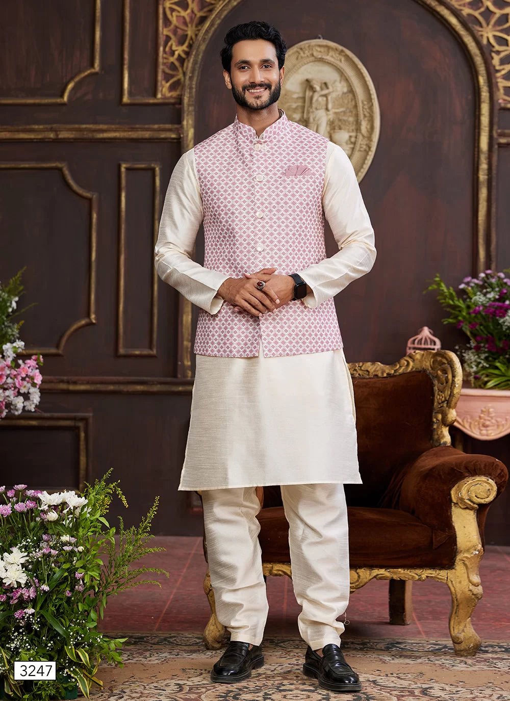 Raivat Ethnic Art Silk Digital Print Work Jacket Set In Pink and Beige Colour | Grocsy