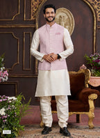 Raivat Ethnic Art Silk Digital Print Work Jacket Set In Pink and Beige Colour | Grocsy