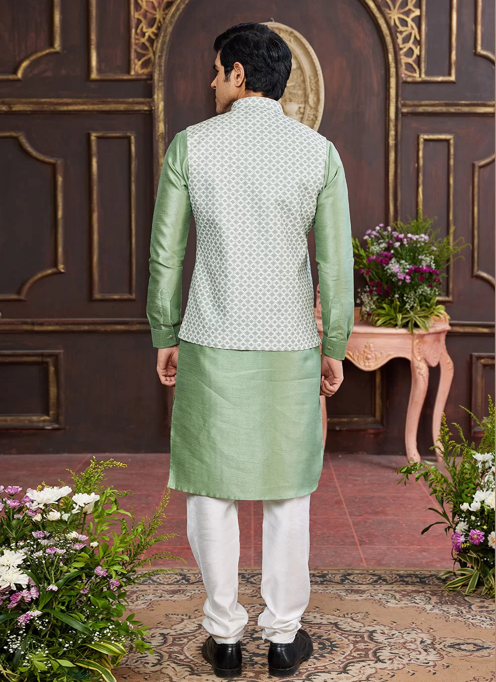 Raivat Ethnic Art Silk Digital Print Work Jacket Set In Light Green Colour | Grocsy
