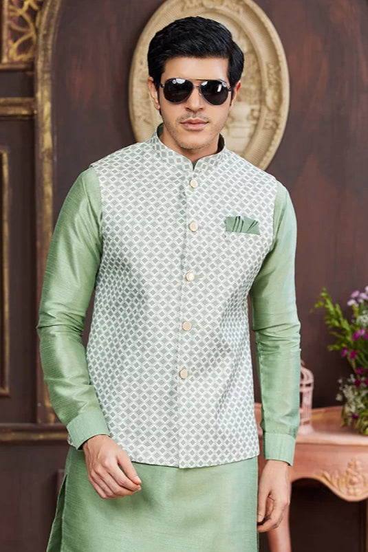 Raivat Ethnic Art Silk Digital Print Work Jacket Set In Light Green Colour | Grocsy