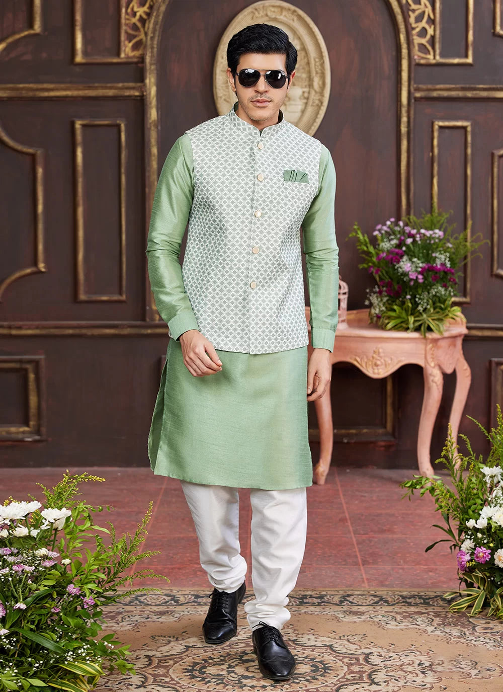 Raivat Ethnic Art Silk Digital Print Work Jacket Set In Light Green Colour | Grocsy