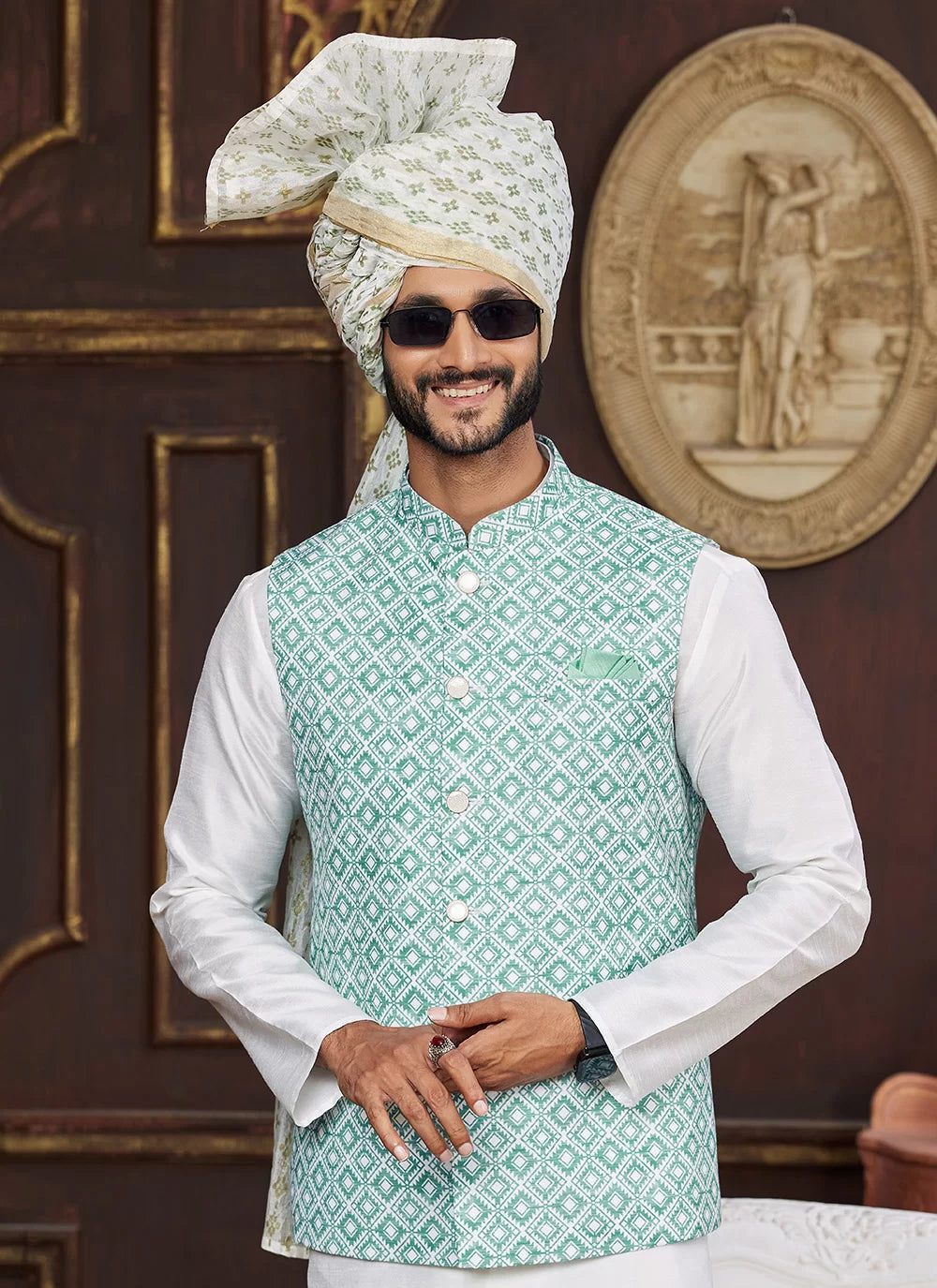 Raivat Ethnic Art Silk Digital Print Work Jacket Set In Sea Green Colour | Grocsy
